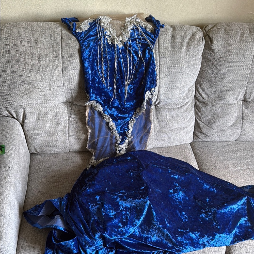 Extra Long Luxury Royal Blue Velvet Prom Dress with Lace Accents